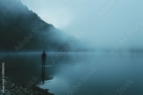A lone figure standing at the edge of a mist-covered lake where the water is eerily still