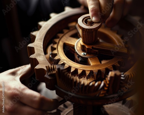  Realistic wooden gear and wheel set in motion by a craftsmans touch photo