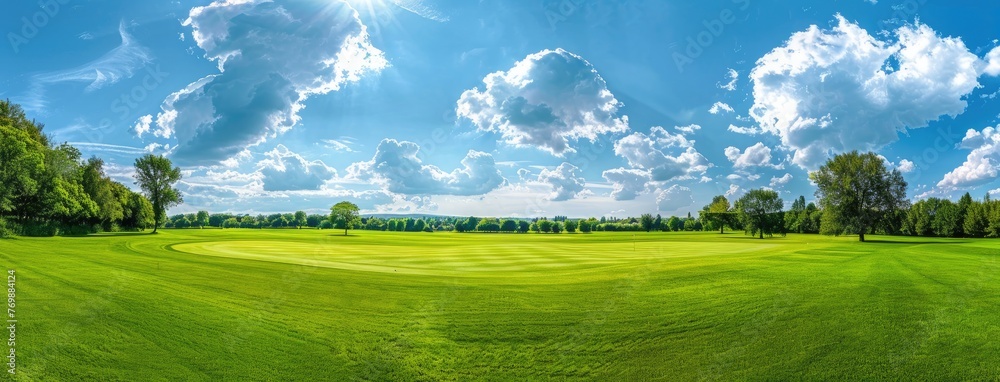 golf course set against a backdrop of blue skies, scattered clouds, lush trees, and rolling hills, with vibrant green fairways and white sand bunkers. golf course set against a backdrop of blue skies, scattered clouds, lush trees, and rolling hills, with vibrant green fairways and white sand bunkers.