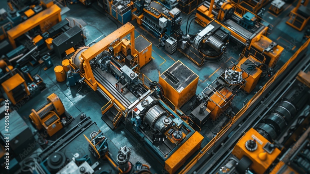 Aerial view of an industrial machinery setup, accented with precision tools and a backdrop of software development.