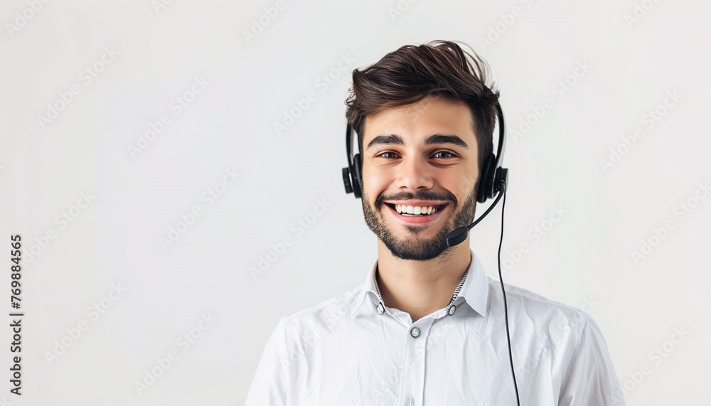 Friendly Customer Support Representative with Headset Over White Background Friendly Customer Support Representative with Headset Over White Background