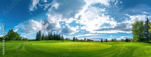 golf course set against a backdrop of blue skies, scattered clouds, lush trees, and rolling hills, with vibrant green fairways and white sand bunkers.