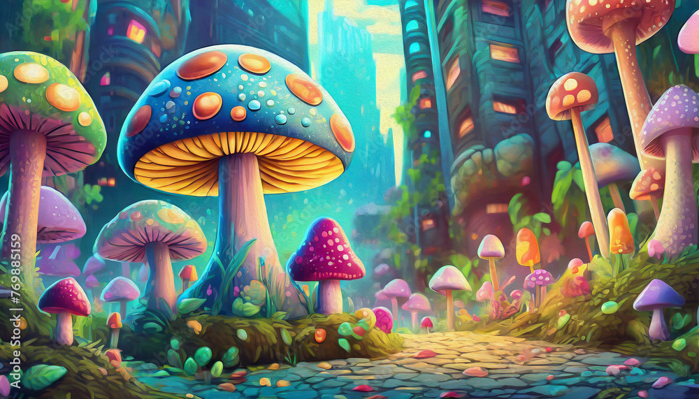  Oil painting style Mushrooms growing in the city - obrazy, fototapety, plakaty 