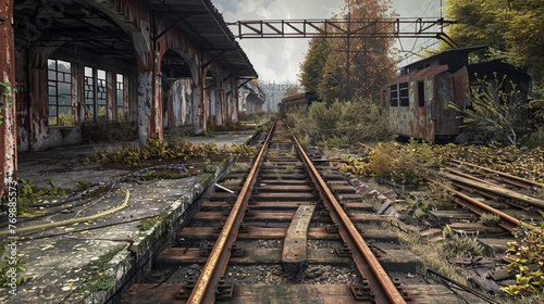 Atmospheric Abandoned Train Station and Railway Tracks