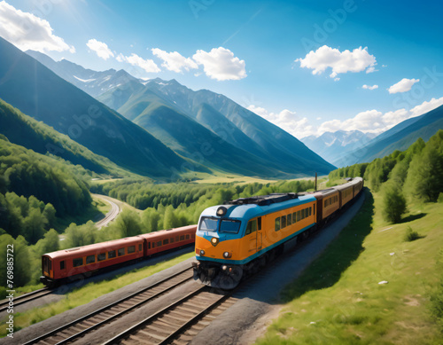 Train moving on the background of high mountains on a bright sunny day.