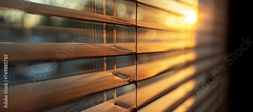 A closeup of the blinds in an office window, with sunlight filtering through them creating diagonal stripes on their surface Generative AI photo
