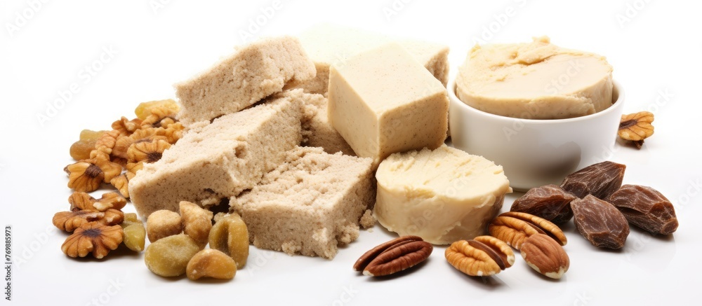 The picture showcases a variety of nuts which can be used as ingredients in recipes, baked goods, or enjoyed as a staple food in different cuisines