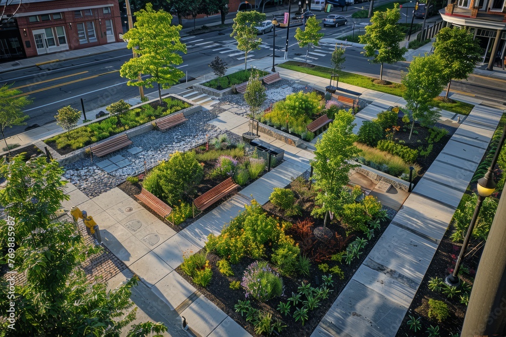 Aerial view showing green infrastructure project with rain gardens and permeable pavement to manage stormwater in urban area - obrazy, fototapety, plakaty 
