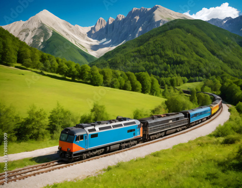 Train moving on the background of high mountains on a bright sunny day. © Marina