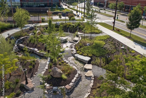 A garden with rocks and plants viewed from above, showcasing green infrastructure including rain gardens and permeable pavement for stormwater management