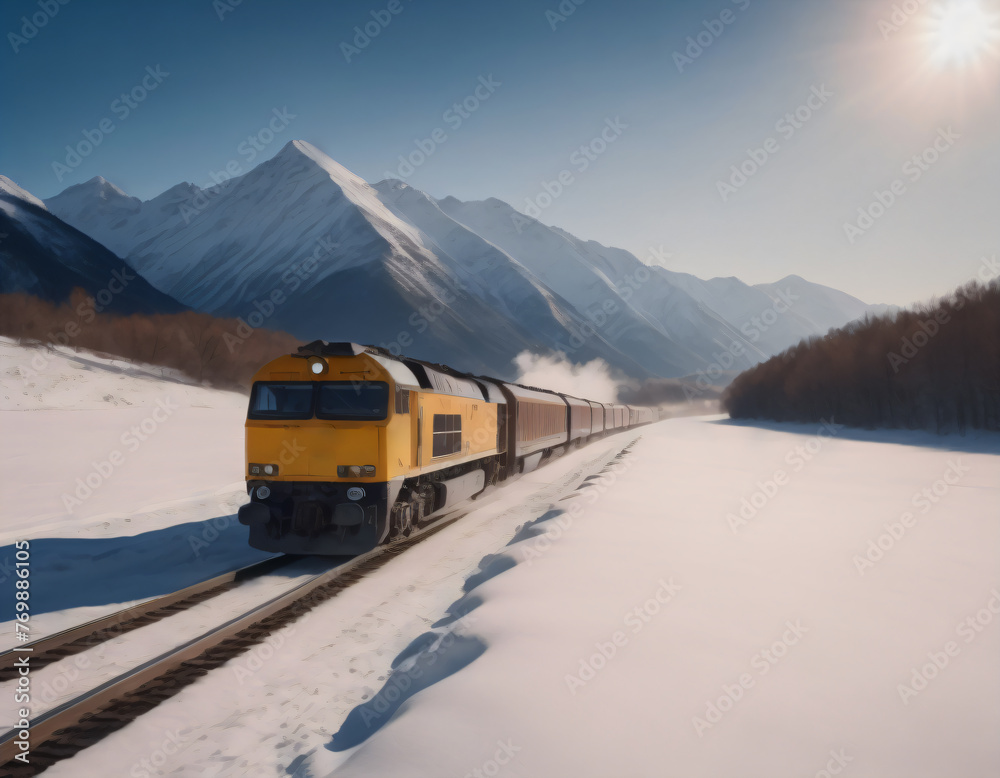 Train moving across snow-covered plain against the backdrop of high mountains on a bright sunny day.