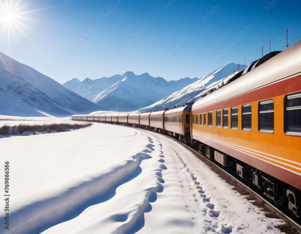 Train moving across snow-covered plain against the backdrop of high mountains on a bright sunny day.