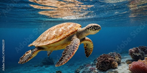  A sea turtle glides through vibrant coral reefs, basking in warm oceanic sun