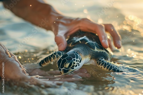 A Greenpeace volunteer gently releasing a rescued sea turtle back into the ocean photo
