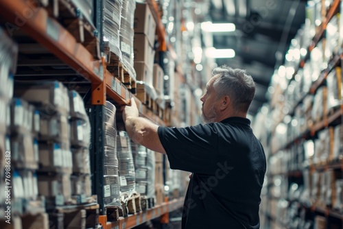 A man in a warehouse carefully selects items from a shelf, ensuring quality control for customer satisfaction