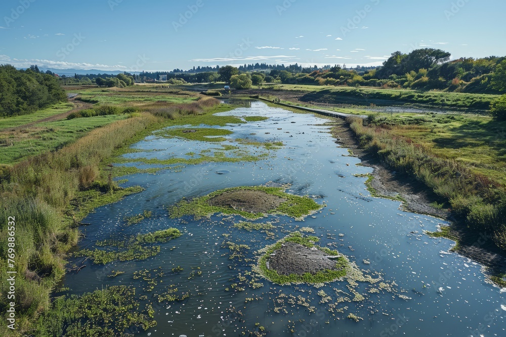 A river runs through a vibrant green countryside, showcasing a landscape being restored with natural habitats to enhance water quality
