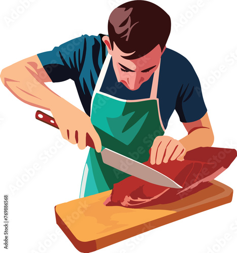 Professional chef expertly slicing fresh meat
