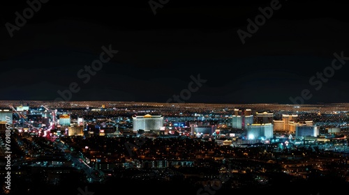 a big city skyline at night, with buildings illuminated by vibrant colorful lights, in a panoramic view showcasing the full length and expanse of each structure against a deep black background.