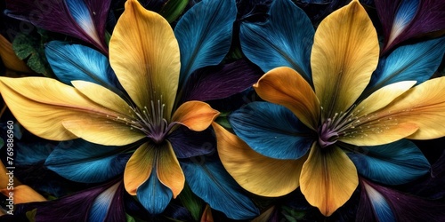  A photo of several vibrant flowers, including blue, yellow, and purple blossoms, fill the frame in sharp focus