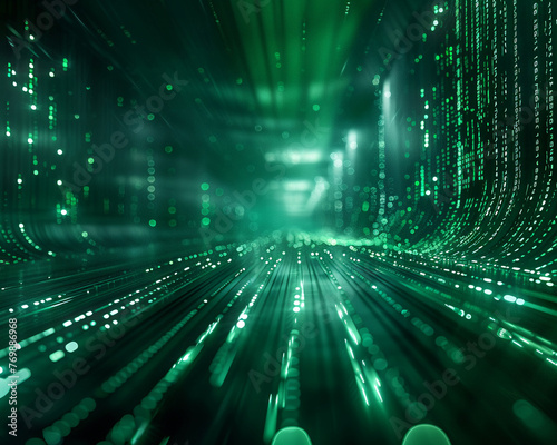 Futuristic backdrop where green lines glow against a technoabstract setting symbolizing data flow and speed photo