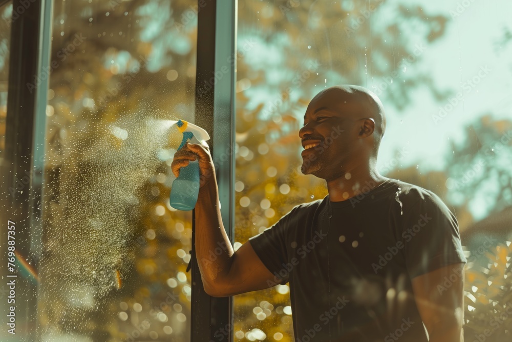 Obraz premium A cheerful man engages in spring cleaning, spraying window cleaner on glass in bright sunlight that highlights the mist and droplets.