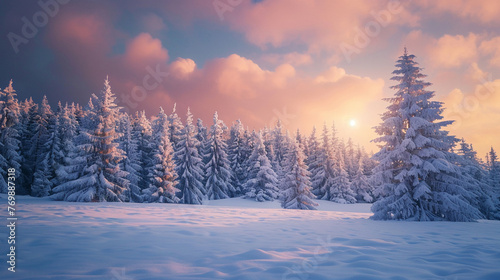 A landscape transformed Snow blankets a pine forest with the sunset sky casting a warm glow over the cold © BritCats Studio