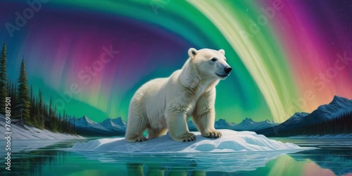   A painting of a polar bear standing on an ice floe in front of an aurora bore rainbow