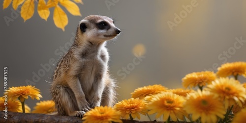 A meerkat perched atop a tree limb amidst a cluster of yellow dandelions