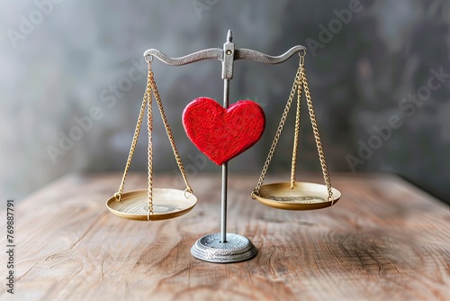 A minimalist design of a balance scale balancing a heart and a dollar sign exploring the balance between wealth and happiness photo