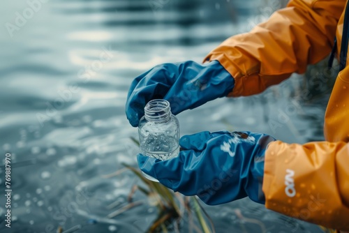 A Greenpeace researcher collecting water samples to test for pollution levels and protect aquatic life photo