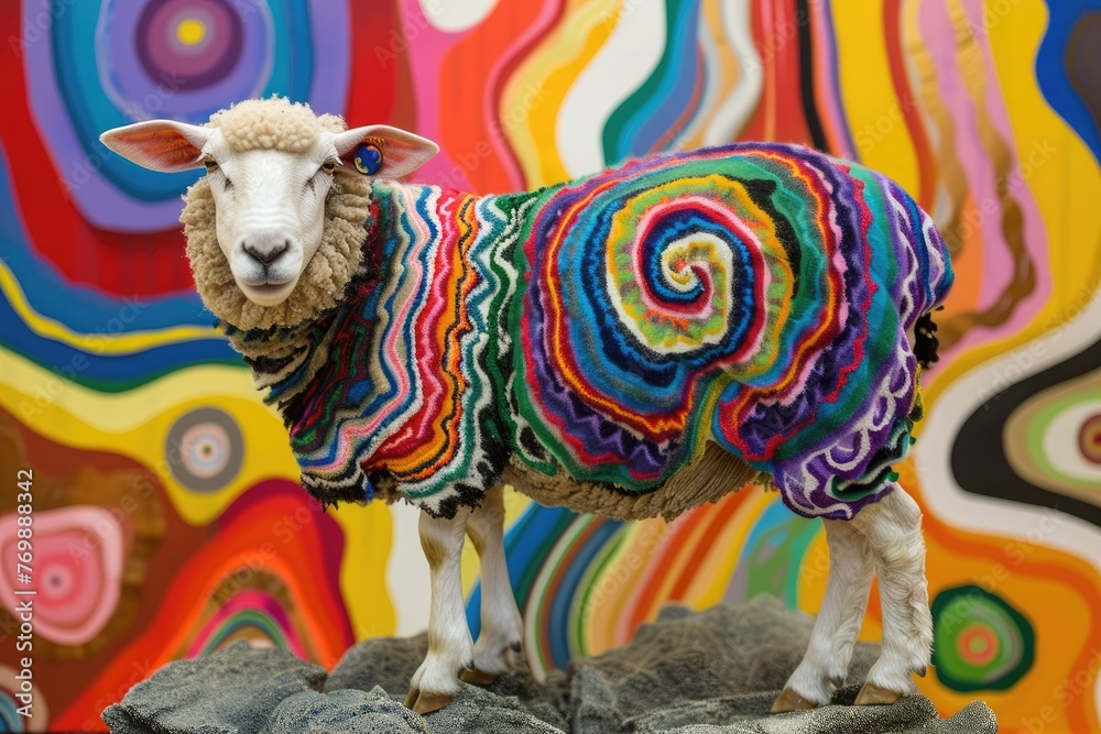 Sheep with wool patterned like famous abstract paintings in an art gallery setting