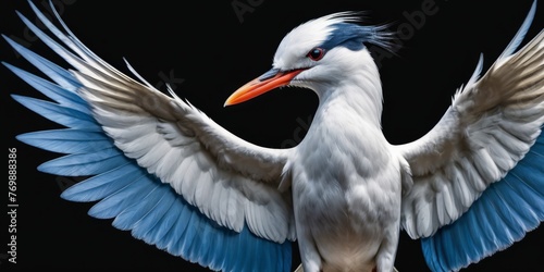   A white bird with blue wings and a red beak stands on a black background, spreading wings wide photo