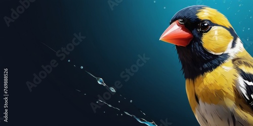  A yellow-and-black bird drips water from its beak onto a dark blue background in a painting © Viktor