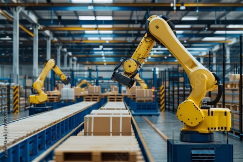 A factory filled with machines and boxes, showcasing fully automated warehouse operations with robotic arms moving pallets efficiently