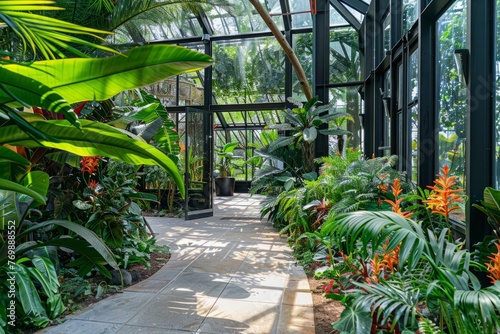 A walkway surrounded by lush tropical plants inside a botanical conservatory with glass walls