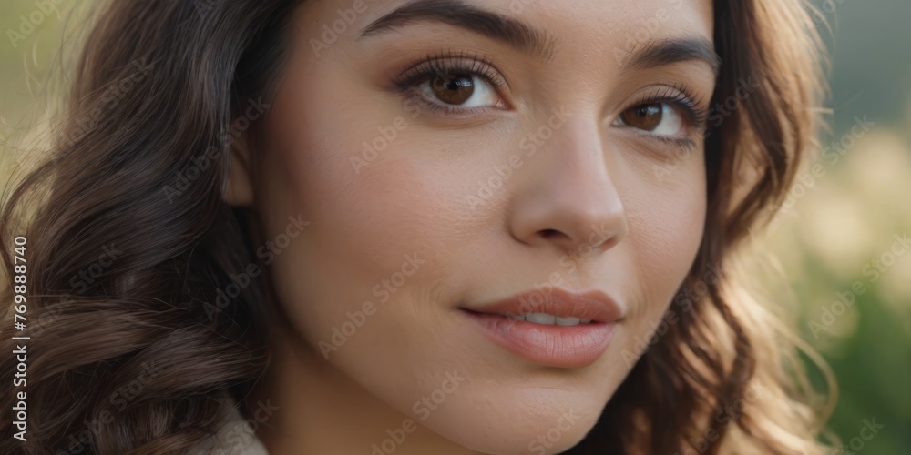 A woman's face in close-up, surrounded by a flower and a field A woman's face in close-up, surrounded by a flower and a field