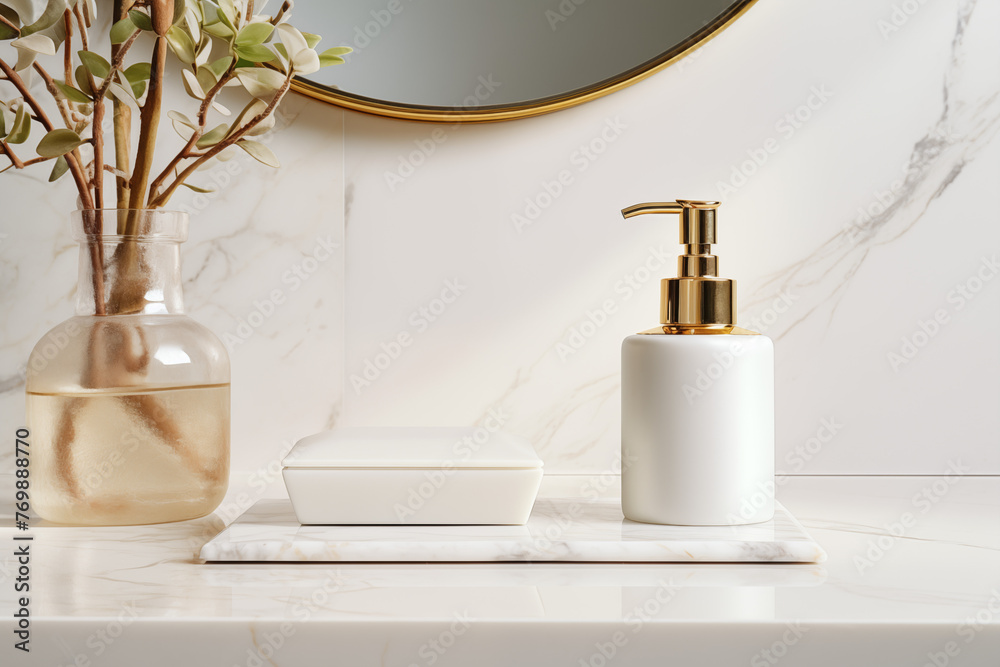 Minimalist bathroom vanity setup with a white soap dispenser and dish on a marble countertop