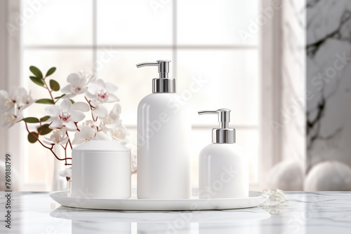 Spa-inspired bathroom set with white cosmetic bottles and orchid flowers on a marble surface