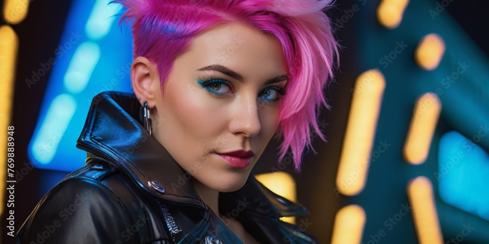 Naklejka premium Close-up of a person with pink hair, wearing a black leather jacket and neon blue eyeshadow against neon lights background