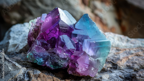 Vivid photo capturing the rich purples and blues of a large fluorite crystal specimen against a rocky background photo