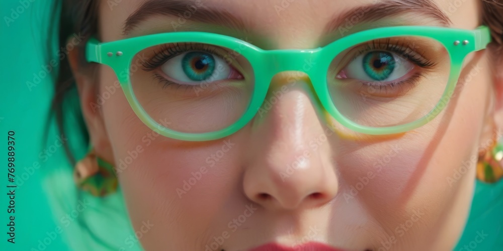   Close-up portrait of a woman wearing green glasses against a green backdrop