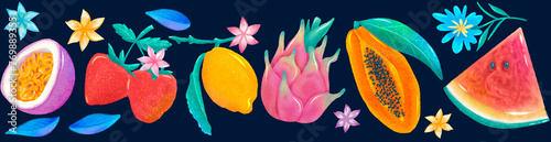 tropical fruits set isolated collection elements. passionfruit strawberry lemon dragon papaya watermelon Natural tropical Vegan kitchen healthy summer illustration on dark background exotic flowers photo