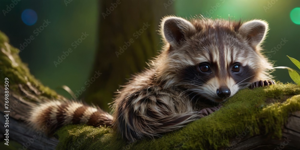   A raccoon sits on a tree branch with moss covering its back, facing the camera