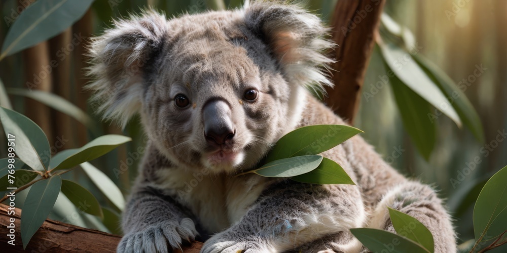 Fototapeta premium A koala on a tree branch, holding a leaf, looking directly at the camera