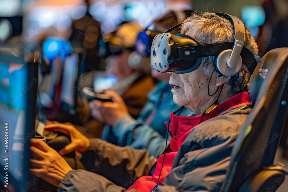 Virtual Reality Gaming: an older adults immersed in virtual reality gaming, wearing VR headsets and interacting with virtual worlds. Virtual Reality Gaming: an older adults immersed in virtual reality gaming, wearing VR headsets and interacting with virtual worlds.