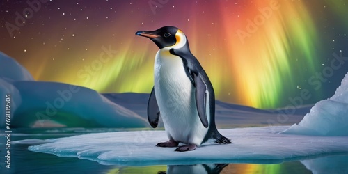   A stunning painting of a penguin perched on an ice floe beneath the mesmerizing Northern Lights in the sky