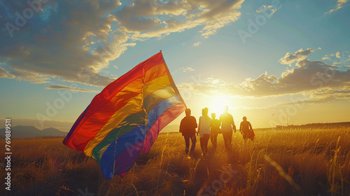 Friends gathered in an open field celebrating gay pride under a large rainbow flag photo