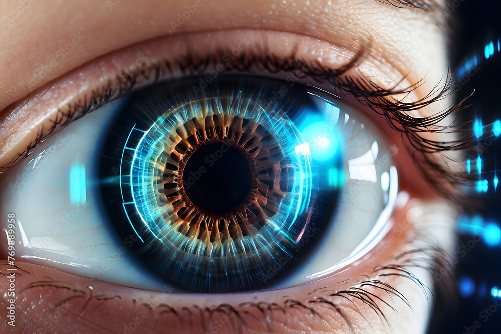 Allogram Vision closeup of a human eye with virtual hologram elements for surveillance ...