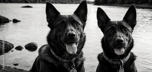   Black-and-white photo of two dogs by water with trees and rocks in the frame