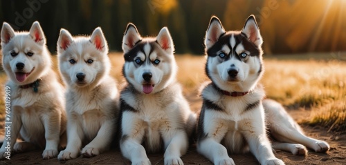  Four Huskies sit together on a green field surrounded by trees